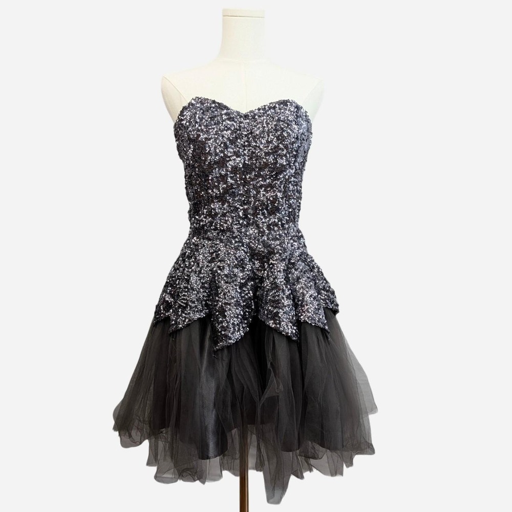 Vintage Deb Sequin Strapless Tulle Party Prom Dress Black Silver 9/10